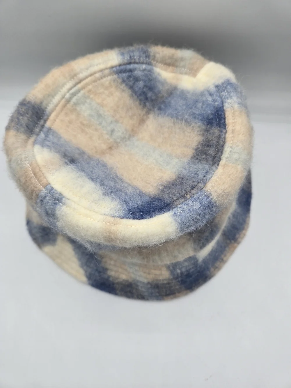 Electric & Rose Plaid Fuzzy Bucket Hat Blue Cream Beige Wool Blend Cozy